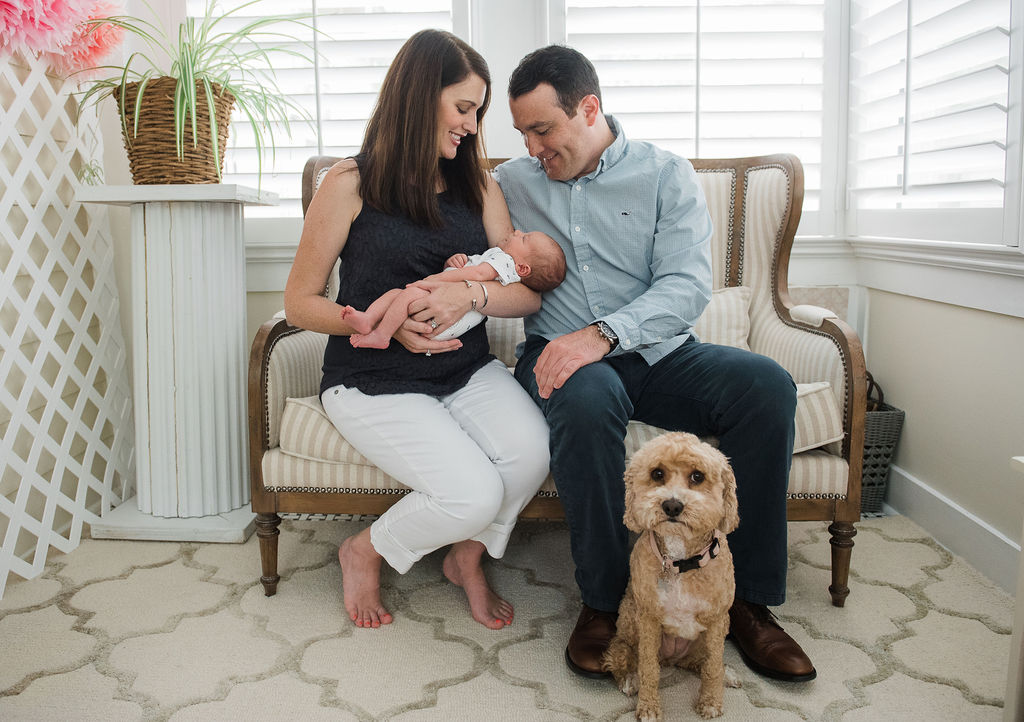 dog with family and baby-pensacola newborn in-home photographer