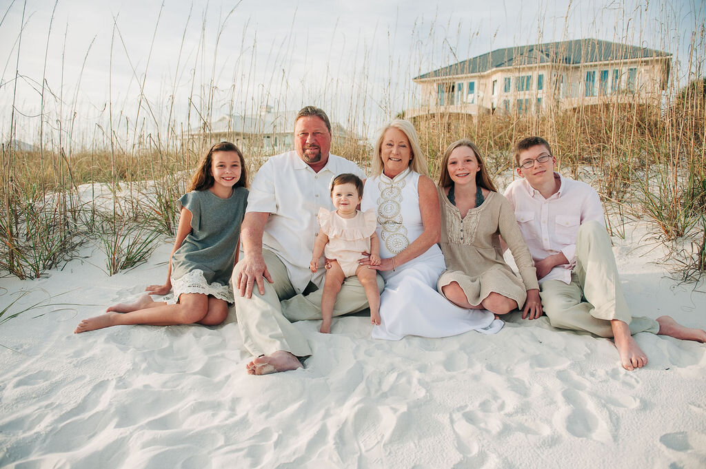 grandmother and grandfather with grandkids at beach-pensacola family photographer